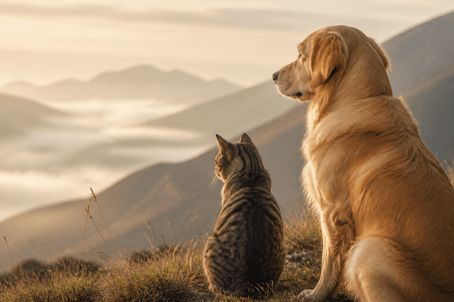 A golden retriever and a tabby cat sitting together on a mountain ridge at sunrise